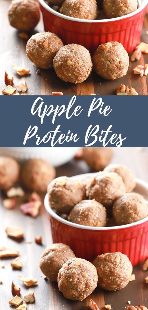 Apple pie protein bites in a small red bowl on a wooden board with a few bites surrounding the bowl. Apple Butter Protein Balls, Protein Balls Apple Cinnamon, Caramel Apple Energy Bites, High Protein Apple Snacks, Fall Energy Bites, Apple Pie Energy Bites, High Protein Fall Snacks, High Protein Work Snacks, Apple Pie Protein Balls