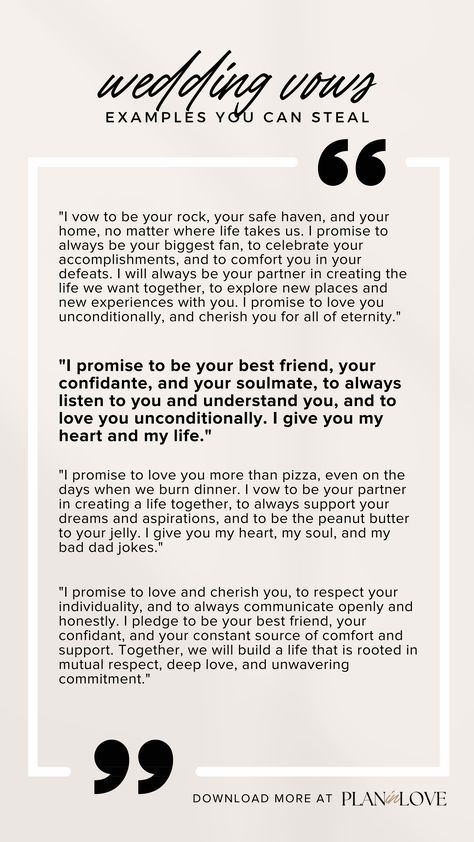 modern wedding vows marriage vows Wedding Vows For Best Friends, Wedding Vows Picture Ideas, Wedding Vows Ideas Unique, Wedding Vows Poems, Simple Vows Wedding, Wedding Vows For High School Sweethearts, Help The Bride Write Her Vows, I Promise Vows To Husband, Wedding Vow Guide