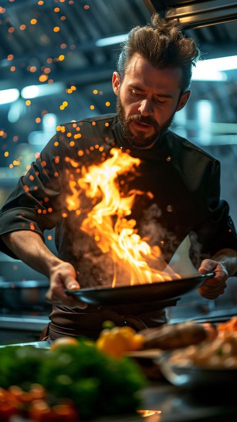 Chef's Fiery Performance: A skilled chef masterfully controls a dramatic flame as he prepares a dish in the kitchen. #chef #cooking #flame #kitchen #intensity #aiart #aiphoto #stockcake ⬇️ Download and 📝 Prompt 👉 https://ayr.app/l/2iy5 Chef In Action Photography, Chef Photoshoot Ideas Cooking, Dramatic Food Photography, Chef Photoshoot Ideas Photo Shoot, Cinematic Food Photography, Restaurant Shoot Ideas, Chef Cooking Photography, Restraunt Logo, Chef Portrait Photography