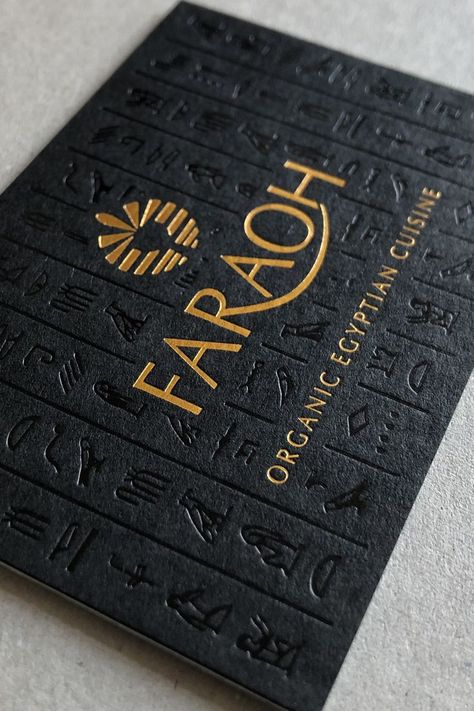 Antique gold foil logo and gloss black foil printed hieroglyphics on black card. Gold Black Packaging, Black Gold Packaging Design, Black And Gold Packaging Design, Business Card Black And Gold, Gold Foil Printing, Gold And Black Branding, Black Gold Business Card, Black And Gold Graphic Design, Gold Packaging Design