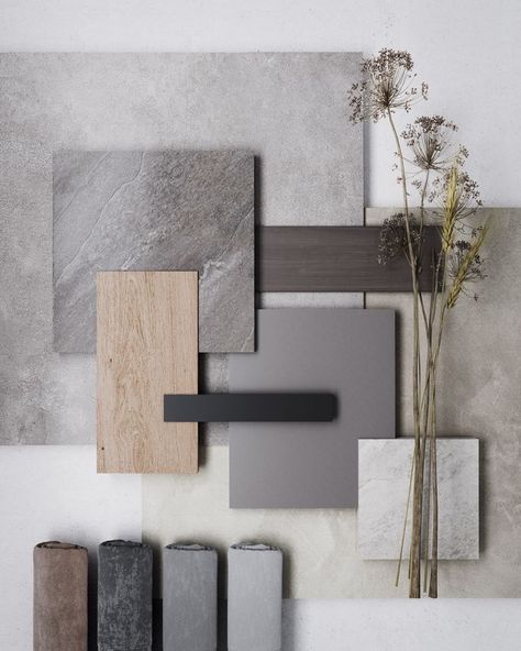 Modern Interior Design Color Palette, Grey Scale Interior Design, Natural Material Palette, Brown And Grey Moodboard, Gray Floor Mood Board, Grey Mood Board, Grey Material Board, Office Mood Board Interior Design, Grey Moodboard