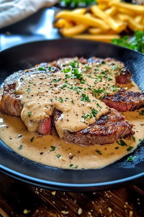 Elevate your dinner with these perfectly seared Steaks with Garlic Cream Sauce. Rich, creamy, and packed with garlicky goodness, this recipe takes your steak game to the next level. Ready to cook? Click for the recipe! #SteakDinner #GarlicCreamSauce #SteakRecipe #DinnerInspiration #EasyGourmet #SteakLovers #GarlicLovers #CreamySauce #QuickDinnerIdeas #DinnerTonight #FoodieFavorites #ComfortFood Steak For Thanksgiving, Steak White Sauce, Steak With Butter Sauce, Perfect Steak Dinner, Sirloin Top Steak Recipes, Steak And Fettuccine, Creamy Garlic Steak Sauce, Delicious Steak Recipes, Garlic Cream Sauce For Steak