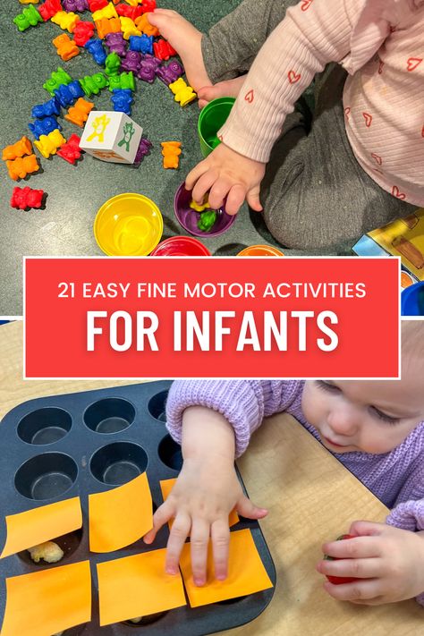 Tiny hands, big adventures! Explore the world of fine motor skills with these engaging activities perfect for your little one. A child's fine motor skills at this age are just beginning, so the main goal is to strengthen the small muscles of the hands and fingers. Babies are also working on hand-eye coordination and concentration during these fine motor activities. #FineMotorFun #LittleHands Hand Sensory Activities, Fine Motor Skills For 16 Month Old, Fine Motor Activities Infants, Fine Motor Activities One Year Old, Infant Fine Motor Activities Daycare, Fun Activities For Infants, Fine Motor Skills Activities Infants, Fine Motor Skills For Infants, Gross Motor Activities For One Year Olds