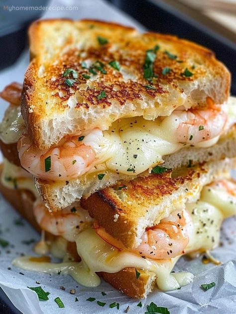 Savor The Unforgettable Cheesy Garlic Bread Shrimp Grilled Cheese - My Home Made Recipe Garlic Cheese Sandwich, Shrimp Melt Sandwich, Unique Grilled Cheese Recipes, Gourmet Food Recipes, Garlic Bread Grilled Cheese, Shrimp Grilled, Home Made Recipes, Shrimp Sandwich, Melting Cheese