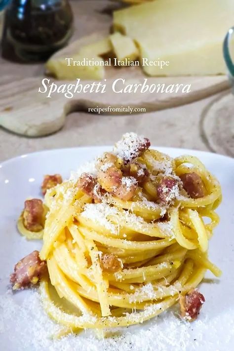 Spaghetti Carbonara Traditional Recipe | Italian Spaghetti alla Carbonara Italian Pasta Carbonara, Roman Carbonara Recipe, Carbonara With Guanciale, Unique Lasagna Recipes, Carbanora Recipe, Guanciale Carbonara, Guanciale Recipes, Carbonara Guanciale, Cabonara Recipes