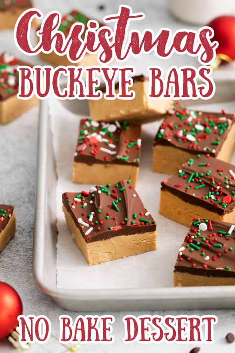 If you’re looking for a buckeye recipe that doesn’t require hours of rolling and dipping, you’ve come to the right place! These bars have a sweet, crumbly peanut butter layer and are topped with rich chocolate– but the best part is they only take a few minutes of prep work! Buckeye Bars Recipe | No Bake Dessert Recipe | Christmas Desserts | No Bake Christmas Desserts #christmas #dessert #chocolate Salted Peanut Butter Christmas Trees, Christmas Buckeyes Recipe, No Bake Buckeye Bars Recipe, Holiday Bars And Squares, Best Bar Cookies Recipes, Wonder Bars Recipe, Christmas Peanut Butter Desserts, Christmas Desserts Peanut Butter, No Bake Peanut Butter Blossoms