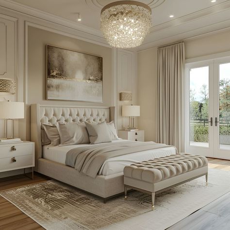 Elegant modern classic bedroom featuring a luxurious bed with a beige velvet headboard, crystal chandelier, and silver accents. Neutral tones dominate with light beige walls, cream carpet, and light wood floors. The room includes white side tables, modern and large art pieces, and soft grey pillows. French doors and large windows provide views to an outdoor terrace or balcony, enhancing the serene ambiance. Bedroom Ideas Champagne Color, Bedroom With Side Windows, Back Side Of Bed Design, French Windows Bedroom India, Neo Classic Side Table, Bedroom Ideas With Light Wood Floors, Bedroom Beige Ideas, Classic Bedroom Inspirations, Luxury Master Bedrooms Decor Modern