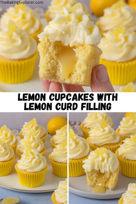 Recipe for Lemon Cupcakes with Lemon Curd Filling, fluffy cupcakes with lemon zest, filled with lemon curd, topped with sweet lemon buttercream, they are lemon heaven and so easy to make too! #thebakingexplorer #lemoncurd #lemoncupcakes #lemonbuttercream #lemoncake Cupcakes Lemon, Recipes Cupcakes, Lemon Cupcake Recipe, Cupcake Recipes From Scratch, Recipe With Cream Cheese, Lemon Cupcake, Cupcakes Easy, Cupcake Cream, Curd Filling