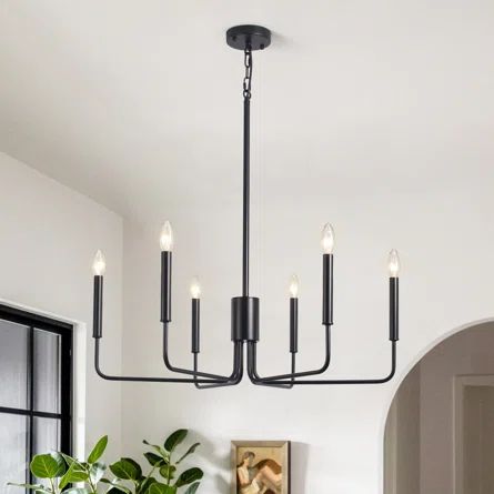 Gracie Oaks Roxsanne 6 - Light Candle Style Classic Chandelier | Wayfair Black Dining Room Light Fixture, Black Farmhouse Chandelier, Dining Room Light Fixture, Island Light Fixtures, Classic Chandelier, Black Light Fixture, Black Dining Room, Rectangle Chandelier, Chandelier Lighting Fixtures