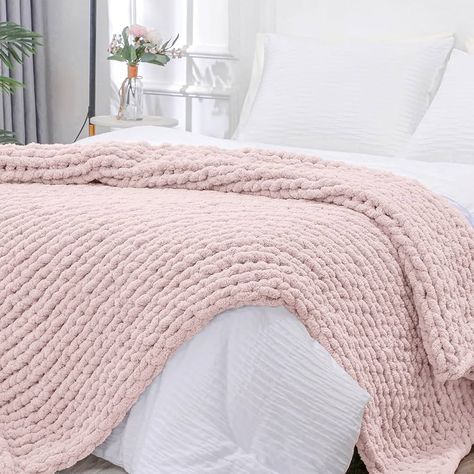 Amazon.com: Bigacogo Chunky Knit Blanket Throw 40"x40", 100% Hand Knitted Chenille Throw Blanket, Small Soft Thick Yarn Cable Knit Blanket, Cute Rope Knot Crochet Throw Blankets for Couch Bed Sofa (Beige) : Home & Kitchen Crochet Chunky Knit Blanket, Cute Thick Blankets, Pink Knitted Blanket, Pink Decorations For Room, Knot Blanket Chunky, Throws On Beds, Cute Blankets Aesthetic, Thick Crochet Blanket, Light Pink Throw Blanket