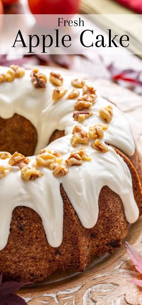 Fresh Apple Cake loaded with a generous helping of cinnamon, nuts and apples. This cake has a fantastic moist and tender texture, and a lightly crisp exterior. #savingroomfordessert #applebundtcake #applecake #applecakerecipe #apple #bundt #baking #bundtcake #freshapplecake #cake Fresh Apple Pound Cake, Apple Cake Recipe Easy Bundt, Apple Bread With Fresh Apples, Fresh Apple Cake Recipe Paula Deen, Fresh Apple Bundt Cake, Easy Fresh Apple Cake, Apple Cake With Caramel Icing, Icing For Apple Cake, Apple Harvest Cake