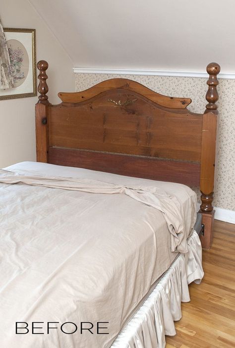 Pine Headboard Ideas, Refinish Wood Headboard, Refinished Headboard Wood, Painted Pine Bed, Painting Headboard Ideas, Wood Headboard Makeover, Painted Headboard Ideas, Headboard Makeover Diy, Painting Headboard