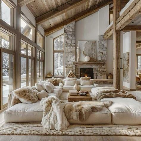 Light Cabin Interior, French Mountain Home, Large Couch Living Room, Chalet Living Room, Chalet Interior Design, Mountain Home Interiors, Chalet Interior, Chalet Design, Davos