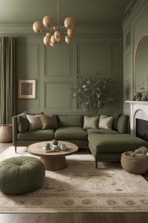 Pistachio Green Living Room, Dark Sage Green Room, Green Wall Living Room, Tv Snug, Sage Room, Earth Palette, Green Sofa Living, Green Couch Living Room, Green Walls Living Room