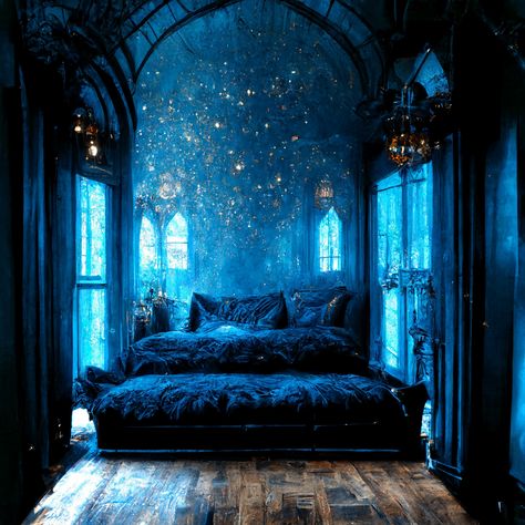 Blue gothic inspired bedroom with extra sparkle✨ Dark Ocean Decor, Blue Themed Bedroom, Goth Bedroom Ideas, Royal Bedroom, Goth Bedroom, Gothic Bedroom, Fantasy Bedroom, Fantasy Rooms, Dark Home Decor