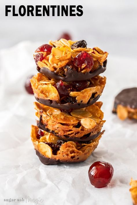 Crunchy and sweet, these Florentines Biscuits are a favourite classic cookie. These delightful almond cookies are filled with dried fruit and a simple caramel, and are baked until baked until golden and crisp. They're often made for edible gifts at Christmas. Salted Caramel Cookie Cups, Diy Gift For Kids, Florentine Cookies, Florentines Recipe, Chirstmas Gift, Homemade Candy, Craft Ideas For Kids, Caramel Cookies, Edible Gifts