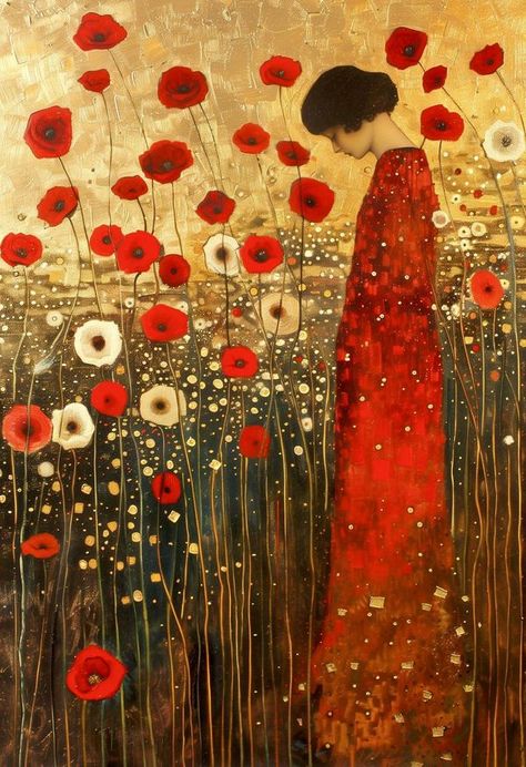 Gustav Klimt Flowers, Gustav Klimt Art Paintings, Klint Painting, Poppy Artist, Klimt Inspired Art, Gustav Klimt Paintings, Klimt Flowers, Abstract Poppy Painting, Klimt Women