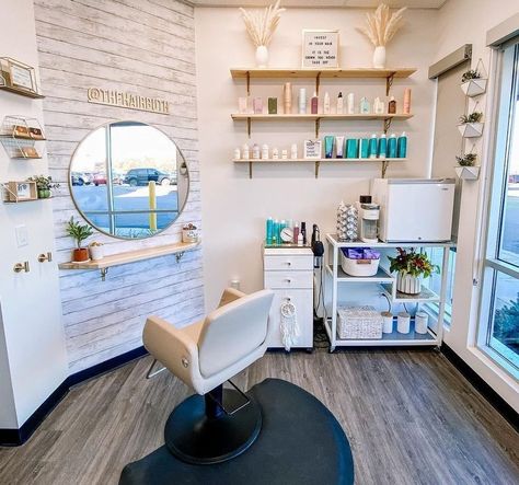 Beach Salon Ideas, Hair Stylist Booth Decor, Shiplap Salon Wall, Small In Home Salon, Keys To Salon Goals, Boho Beauty Studio, Zen Salon Interior Design, Hair Salon Booth Decor, Hairstylist Station Decor