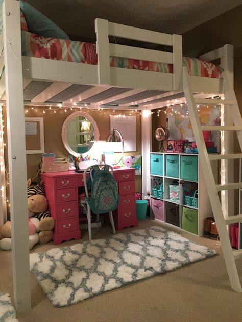 Big girl room with loft bed. Homemade Loft Bed Ideas, Queen Loft Bed Ideas, Loft Bed Teen Room, Loft Bed Underneath Ideas, Girls Loft Bed Decorating Ideas, Queen Loft Bed, Kids Loft Bed Ideas, Under Loft Bed Ideas, Queen Loft Beds