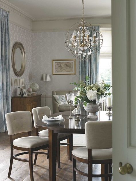 Maybe we'll never live like "Downton Abbey" aristocrats - but we can imitate the spirit of their rich, lavish interiors. Ashley Dining Room, Chandelier Pendant, Ceiling Chandelier, Childrens Room Decor, Home Wallpaper, Laura Ashley, Room Table, Traditional House, Dining Room Decor