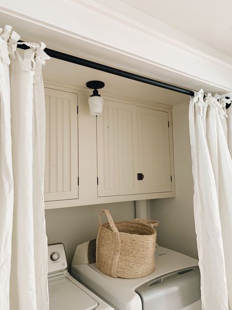 Laundry Room Curtains Ideas, Curtain Door For Laundry Room, Laundry Closet Door Ideas Farmhouse, French Door Laundry Closet, Laundry Nook Doors, Laundry Room With Curtains, Hall Laundry Closet Door Ideas, Laundry Closet In Kitchen Ideas, Laundry Closet Doors Alternative