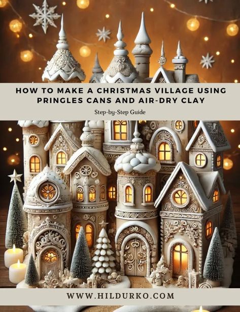 How to Make a Christmas Village Using Pringles Cans and Air-Dry Clay - Colorful Conversations: HildurKO's Visual Journal Diy Clay House Village, Pottery Christmas Village, Diy Air Dry Clay Christmas Village, Ceramic Christmas Village Display, Christmas Gnome Village, Air Dry Clay Xmas Ideas, Making Air Dry Clay, Air Dry Clay Christmas Village, How To Set Up Christmas Village