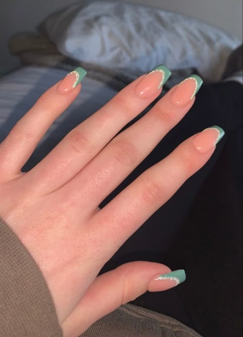 Cute Nails To Match Green Dress, Nails That Match Sage Green Dress, Prom Nail Ideas Square, French Tip Nails With Green Design, Short Squoval Acrylic Nails Green, Sage Green Nail Ideas Square, Sage Green French Tip Nails Coffin, Birthday Nails Sage Green, March Nails Ideas Square