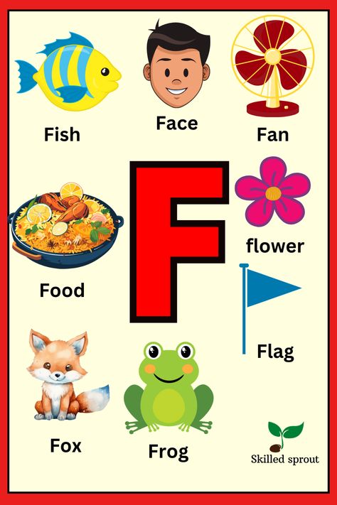 Learn the letter F and its phonics sound. Watch the video and learn more about letter F. F Sound Activities, Letter F Flashcards, Letter F Worksheets Kindergarten, F Is For, Letter F Worksheets For Preschool, F For, Letter F Worksheet, Letter F Craft, Writing Worksheets Kindergarten