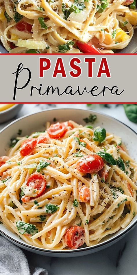 Pasta Primavera Ingredients:

12 oz. fettuccine or spaghetti
1 zucchini, sliced
1 yellow squash, sliced
1 bell pepper, julienned
1/2 cup cherry tomatoes, halved
1/2 cup asparagus, cut into 2-inch pieces
1/2 cup peas (fresh or frozen)
2 tablespoons olive oil
3 cloves garlic, minced
1/4 teaspoon red pepper flakes
1/2 cup heavy cream
1/4 cup grated Parmesan cheese
Salt and pepper to taste
Fresh basil for garnish

#pasta #easyrecipes Alfredo Primavera Pasta, Spaghetti Veggie Recipes, Creamy Pasta With Zucchini, Creamy Veg Pasta, Easy Spaghetti Pasta Recipes, Easy Pasta Primavera Recipes, Vegetable Heavy Dinners, Pasta Primavera Recipes Healthy, Pasta With Yellow Squash