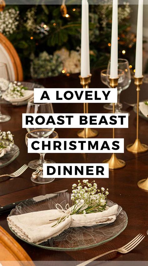 All the recipes you'll need for a gorgeously festive, elegantly simple, traditional and original "roast beast" Christmas dinner from cocktails to dessert! This is a top round roast beef meal with cozy, yuletide sides, bright colors, easy appetizers, and a rich, seasonal dessert that takes only 15 minutes to make! Roast Beef Christmas Dinner Sides, Christmas Dinner Roast Beef, Roast Beast Grinch, Christmas Roast Beef Recipes, Roast Beef For Christmas Dinner, Pot Roast Christmas Dinner, Sides For Roast Beef Dinner, Simple Christmas Eve Dinner Ideas, Roast Beef Sides