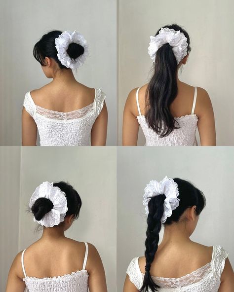 Hairstyle inspiration for your next day out featuring our lace scrunchie!ᯓᡣ𐭩 How would you style yours? 🤍ྀི . . . . . #lace #scrunchies #hairstyle #hairinspo #lacescrunchie #aesthetic #pinterest #pinterestinspired #lifestyle Xl Scrunchie Hairstyles, Braid With Scrunchie, Giant Scrunchie Hairstyles, Large Scrunchie Hairstyles, Jumbo Scrunchie Hairstyles, Oversized Scrunchie Hairstyles, Big Scrunchies Hairstyles, Ponytail With Scrunchie, Cute Scrunchie Hairstyles