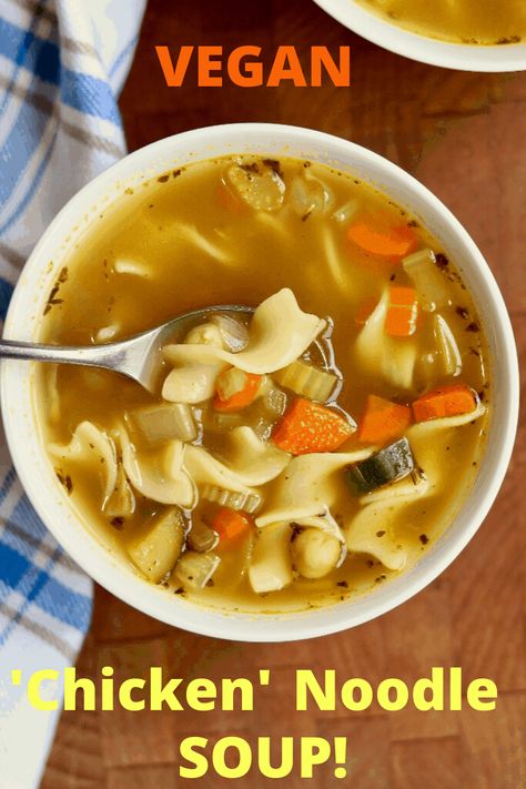 Vegan Chicken Noodle Soup loaded with vegetables and noodles simmered in the best vegetarian broth made from scratch! Easy, hearty, healthy and tastes incredible! Vegetarian Chicken Noodle Soup, Vegetarian Broth, Vegetarian Noodle Soup, Veggie Noodle Soup, Vegan Noodle Soup, Vegan Chicken Noodle Soup, Chickpea Vegan, Chicken Noodle Soup Crock Pot, Chicken Noodle Soup Easy