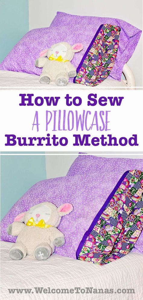 Follow this tutorial to learn how to sew a Pillowcase Burrito Style with contrasting cuff & trim. Learn new ways to finish sewn seams with French seams & a burrito method. #WelcometoNanas #SewaPillowcase #BurritoMethodSewing #DIYPillowcase Diy Pillow Case Tutorial, Sewing Pillow Patterns, Easy Kids Sewing Projects, Sew A Pillowcase, Sewing Project For Kids, Homemade Pillow Cases, Burrito Pillowcase, Sewing Pillow Cases, Pillow Cases Tutorials