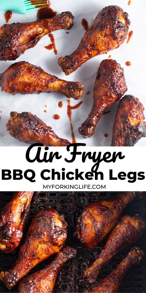 These air fryer chicken legs are so simple to make with just 3 ingredients! Perfect to serve as an appetizer or part of a main meal, they require very minimal prep and are ready to serve in about half an hour. Deliciously sticky and made with my homemade BBQ sauce. #bbqchickenlegs #airfryerchickenlegs #friedchickenlegs Air Fryer Chicken Leg Recipe, Air Fryer Bbq Chicken, Thai Bbq, Sleeve Recipes, Bbq Chicken Legs, Fried Chicken Legs, Easy Bbq Chicken, Bariatric Sleeve, Chicken Leg Recipes