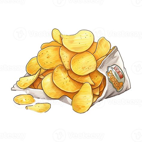 Crunchy and delicious fried potato chips clipart. Cartoon illustration of tasty fast food snack. Generative AI Eating Chips Drawing, Cartoon Potato Cute, Chips Cartoon, Chips Drawing, Chips Illustration, Snack Poster, Snacks Cartoon, Potato Cartoon, Cartoon Potato