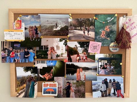 Create | crafty | diy | girlhood | Beachy Bulletin Board, Big Bulletin Board Ideas Bedroom, Pin Board With Photos, Bulletin Board Ideas For Pictures, Photo Wall Cork Board, College Dorm Photo Display, Collage Board Diy, Bulletin Board College Dorm, Photo Wall Collage Bulletin Board