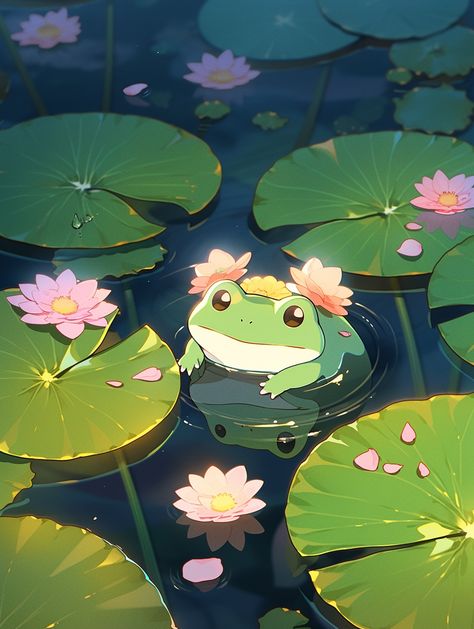 #nijijourney #water_lily #frog #illustration #background #wallpaper Frog And Lily Pad Drawing, Frog In Pond Painting, Frog In Water Drawing, Frog In Pond Illustration, Water Lilly Illustration, Lilypad Background, Frog On Lily Pad Painting, Lily Pads Illustration, Cute Pond Drawing