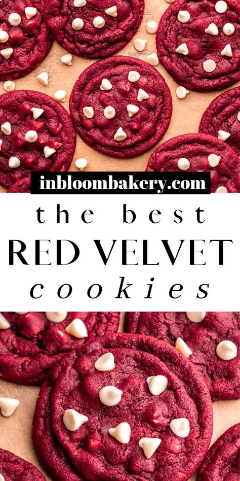 Red velvet cookies are chewy with a slight hint of cocoa and pools of melty white chocolate chunks. They're perfect for Valentine's Day, or really any day! Brownie Bowl, Red Velvet Cake Mix Cookies, Red Velvet Cookie Recipe, Soft Chewy Cookies, Easy Cookie Recipe, Velvet Cookies, Red Velvet Cake Mix, White Chocolate Chip, Chewy Cookies