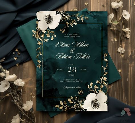 This wedding invitation embodies elegance and sophistication with its luxurious emerald green background and delicate gold floral accents. The elegant white flowers against the dark teal create a timeless and enchanting design, perfect for any couple looking to add a touch of class to their special day. DEMO LINK: https://www.canva.com/design/DAGI_egobJU/CTw501NETQAMOG6gD7C6XA/view?utm_content=DAGI_egobJU&utm_campaign=designshare&utm_medium=link&utm_source=publishsharelink&mode=preview ✨ Key Fea Emerald Green Wedding Fall, Dark Green Theme Wedding, Blue Green Gold Wedding Colors, Wedding Green Gold White, Green Velvet Wedding Decor, Wedding Dark Green Theme, Navy And Hunter Green Wedding, Teal Green And Gold Wedding, Dark Green Weddings