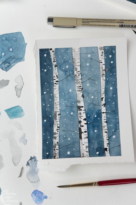 How to paint watercolor birch trees - Finding Silver Pennies Paint Birch Trees, Watercolor Birch Trees, Painting Birch Trees, Watercolor Christmas Cards Diy, Beginner Watercolor, Fun Watercolor, Tree Watercolor Painting, Birch Tree Art, Birch Tree Painting