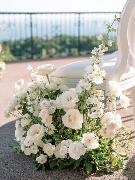 White Garden Wedding Ceremony, Wedding Aisle Flower Decorations, Ground Floral Arrangements Wedding Ceremony, Marquee Entrance Flowers, Oceancliff Newport Wedding, Wedding Pedestal Flowers, White Aisle Flowers, Altar Wedding Flowers, Flower Plinth