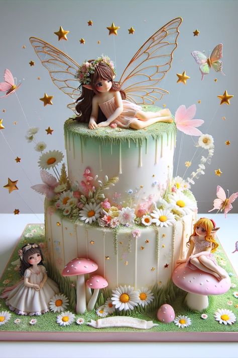 Unique Birthday Cake Ideas, Unique Birthday Cake, Garden Birthday Cake, Fairy Theme Birthday Party, Fairy Garden Cake, Fairy Birthday Cake, Cake Designs For Girl, Butterfly Birthday Cakes