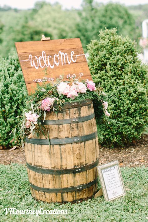 Wedding Welcome Sign Wine Barrel, Whiskey Barrel Ideas Wedding, Whiskey Barrel Wedding Decor, Tipi Decor, Table Stationary, Barrel Wedding Decor, Wine Barrel Wedding, Barrel Flowers, Whiskey Barrel Wedding