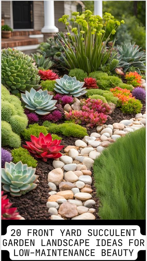 Front yard garden with various colorful succulents and decorative rocks, showcasing low-maintenance landscaping ideas. Succulents Garden Landscape Front Yards, Green Desert Landscaping, Retaining Wall Succulent Garden, Succulents Outdoor Landscape, Large Front Yard Landscaping Design, Outdoor Succulent Garden Ideas, Succulent Landscape Design Backyards, Front Yard Design With Rocks, Low Maintenance Landscape Ideas Front Yard Stones Rock Border