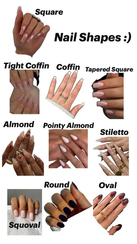 Nails are very complex, you can do different shapes and styles. This is most of them for Inspo ❤️ Nail Shape Meaning, Nail Shapes For Wide Nails, Nail Type Shape, Long Nails Shapes, Square Vs Round Nails, Medium Nail Shapes, Sharp Nails Short, Type Of Nail Shapes, Baddie Nails Almond Shape