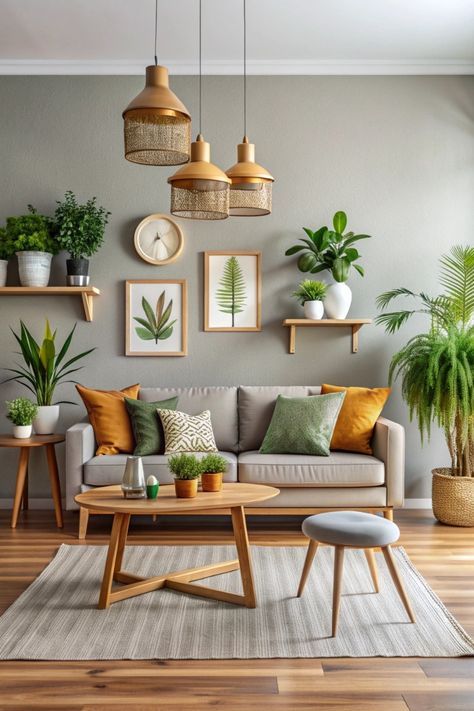 Modern Safari Living Room, Modern Cozy Wall Art, Dark Wooden Furniture Living Room, Home Decor Contemporary, Boho Modern Design, Cozy Home With Plants, Desert Inspired Interior Design, Accent Wall Apartment Living Room, Green And Walnut Living Room