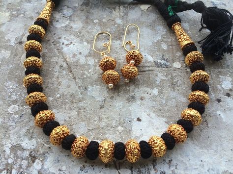 Black Small Beads Thread Necklace | World Art Community German Silver Jewelry, Thread Necklace, Antique Jewelry Indian, Black Beaded Jewelry, Wedding Jewellery Collection, Small Beads, Gold Jewellery Design Necklaces, Black Thread, Gold Jewelry Indian