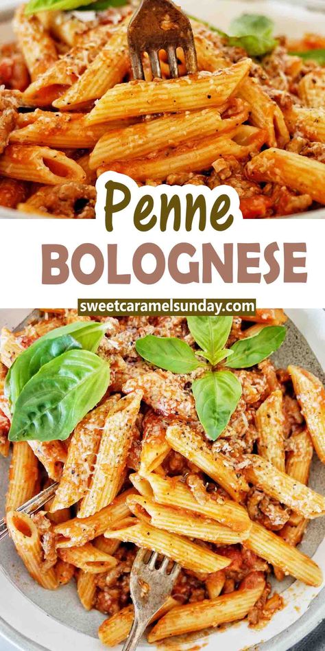 Fork being pushed into penne bolognese in grey bowl with text written between 2 images. Penne Bolognese Recipe, Best Penne Pasta Recipe, Penne Bolognese, Pasta Bolognese Recipe, Easy Italian Dinner, Beef Noodle Stir Fry, Beef Chow Mein, Ground Beef Pasta Recipes, Penne Recipes