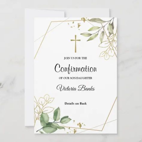 Greenery Gold Confirmation Invitation | Zazzle.com Confirmation Invitation, Confirmation Party, Confirmation Invitations, First Communion Invitations, Communion Invitations, Baptism Invitation, Baptism Invitations, Invitation Card Design, Elegant Invitations