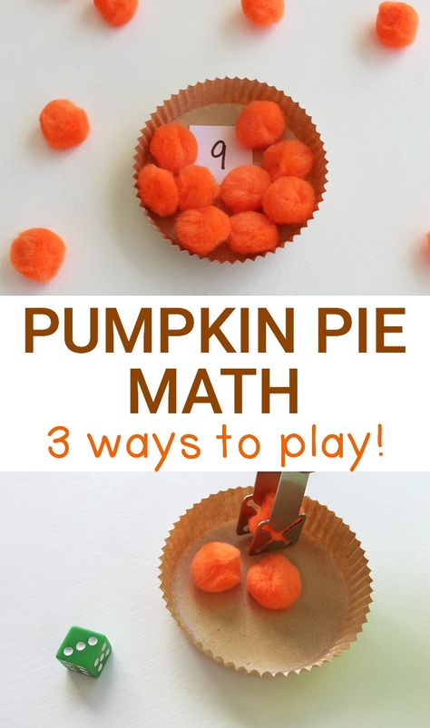 Three ways to play our pumpkin pie math game with preschoolers or kindergarteners are included to practice number, counting, subitizing, & addition skills! Pie Math, Pumpkin Math Activities, Pumpkins Preschool, Fall Math Activities, Pumpkin Math, Thanksgiving Activities Preschool, Toddler Math, Number Counting, Thanksgiving Games For Kids